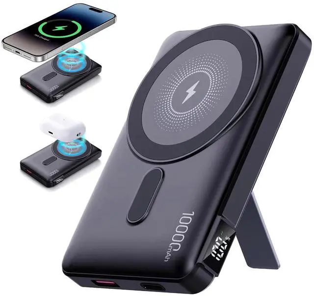 Main image of Magnetic Power Bank 10000mAh, Wireless Portable Charger with LED Display & Built-in Stand, Camera-Bump Friendly Mag-Safe Battery Pack, 20W PD Fast Charging for iPhone 16/15/14/13/12 Pro Max