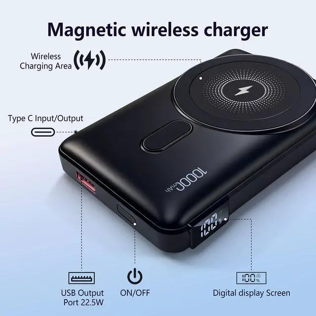 Alt view image 2 of 7 - Magnetic Power Bank 10000mAh, Wireless Portable Charger with LED Display & Built-in Stand, Camera-Bump Friendly Mag-Safe Battery Pack, 20W PD Fast Charging for iPhone 16/15/14/13/12 Pro Max