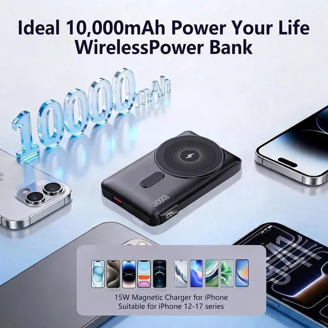 Alt view image 4 of 7 - Magnetic Power Bank 10000mAh, Wireless Portable Charger with LED Display & Built-in Stand, Camera-Bump Friendly Mag-Safe Battery Pack, 20W PD Fast Charging for iPhone 16/15/14/13/12 Pro Max