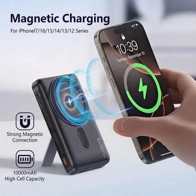Alt view image 5 of 7 - Magnetic Power Bank 10000mAh, Wireless Portable Charger with LED Display & Built-in Stand, Camera-Bump Friendly Mag-Safe Battery Pack, 20W PD Fast Charging for iPhone 16/15/14/13/12 Pro Max