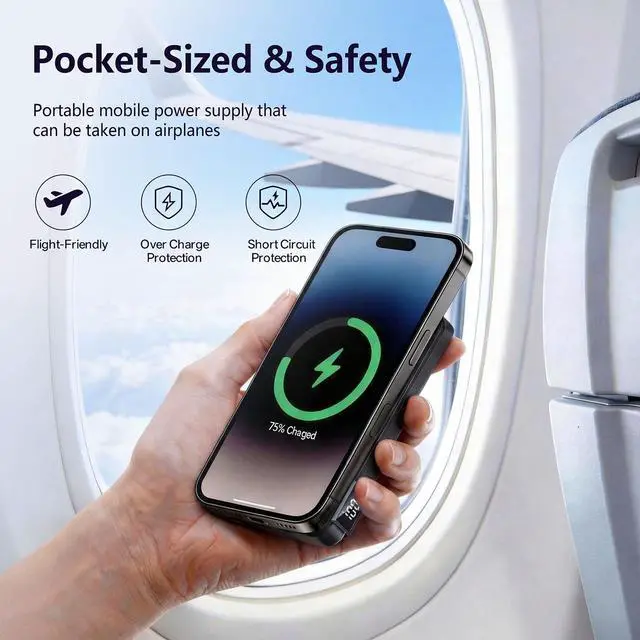 Alt view image 7 of 7 - Magnetic Power Bank 10000mAh, Wireless Portable Charger with LED Display & Built-in Stand, Camera-Bump Friendly Mag-Safe Battery Pack, 20W PD Fast Charging for iPhone 16/15/14/13/12 Pro Max