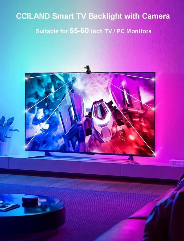 Alt view image 3 of 7 - TV LED Backlight with Camera for 55-65 inch Screens, 13Ft LED Strip Lights Sync to Screen & Music, RGB Built in Chip Strip Lights Color Changing, Smart App Control, USB Power