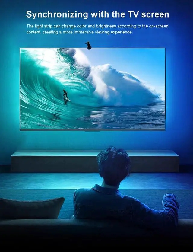 Alt view image 6 of 7 - TV LED Backlight with Camera for 55-65 inch Screens, 13Ft LED Strip Lights Sync to Screen & Music, RGB Built in Chip Strip Lights Color Changing, Smart App Control, USB Power