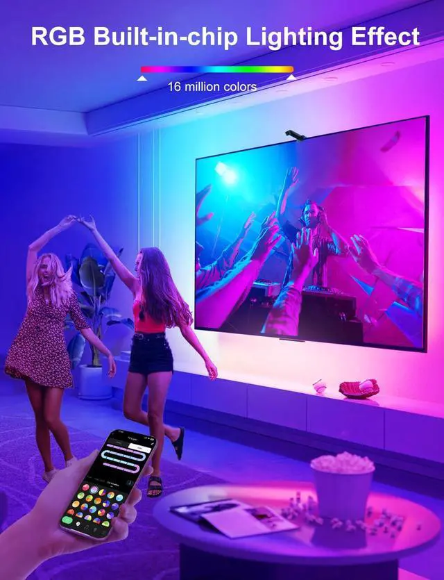 Alt view image 7 of 7 - TV LED Backlight with Camera for 55-65 inch Screens, 13Ft LED Strip Lights Sync to Screen & Music, RGB Built in Chip Strip Lights Color Changing, Smart App Control, USB Power