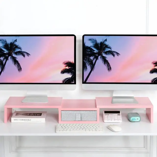 Alt view image 2 of 7 - Pink Dual Monitor Stand Riser with Drawer - Length and Angle Adjustable Double Corner Desk Shelf Organizer 37 inch for 2 Laptop/PC/Screen/TV
