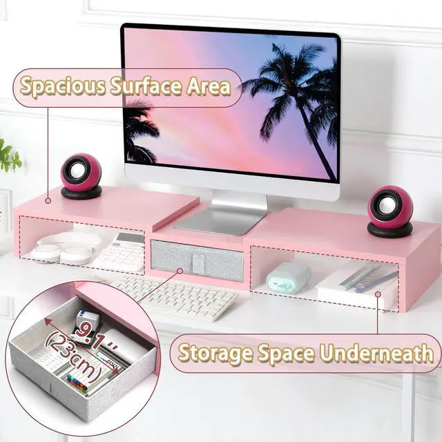 Alt view image 3 of 7 - Pink Dual Monitor Stand Riser with Drawer - Length and Angle Adjustable Double Corner Desk Shelf Organizer 37 inch for 2 Laptop/PC/Screen/TV