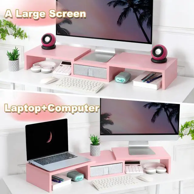 Alt view image 4 of 7 - Pink Dual Monitor Stand Riser with Drawer - Length and Angle Adjustable Double Corner Desk Shelf Organizer 37 inch for 2 Laptop/PC/Screen/TV