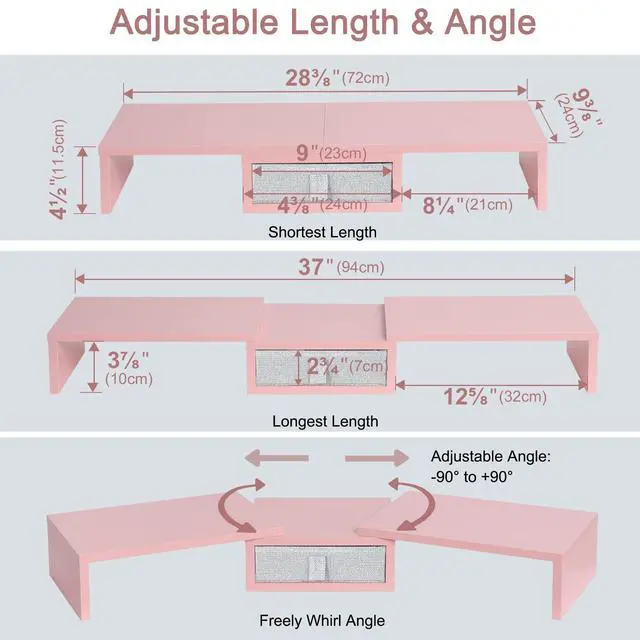 Alt view image 5 of 7 - Pink Dual Monitor Stand Riser with Drawer - Length and Angle Adjustable Double Corner Desk Shelf Organizer 37 inch for 2 Laptop/PC/Screen/TV