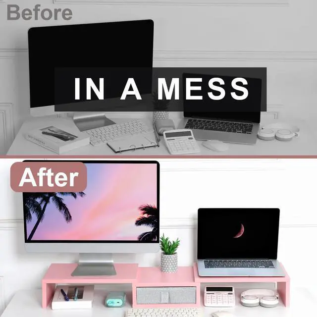 Alt view image 7 of 7 - Pink Dual Monitor Stand Riser with Drawer - Length and Angle Adjustable Double Corner Desk Shelf Organizer 37 inch for 2 Laptop/PC/Screen/TV