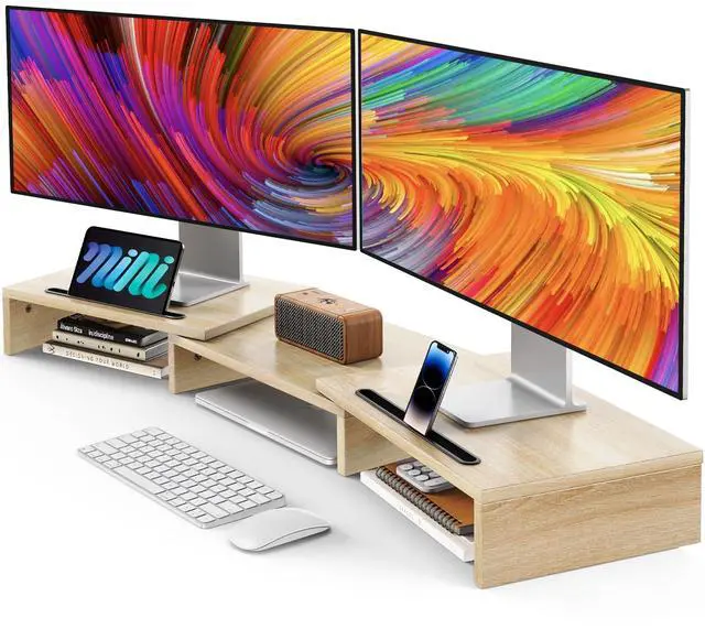 Main image of Dual Monitor Stand Riser- 3 Shelf Screen Stand with Adjustable Length and Angle, 2 Extra Functional Slot Desktop Organizer Stand for PC, Computer, Laptop (Light Wood)