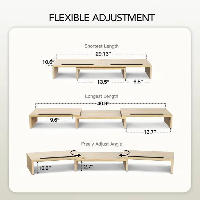 Alt view image 2 of 7 - Dual Monitor Stand Riser- 3 Shelf Screen Stand with Adjustable Length and Angle, 2 Extra Functional Slot Desktop Organizer Stand for PC, Computer, Laptop (Light Wood)
