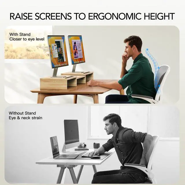 Alt view image 4 of 7 - Dual Monitor Stand Riser- 3 Shelf Screen Stand with Adjustable Length and Angle, 2 Extra Functional Slot Desktop Organizer Stand for PC, Computer, Laptop (Light Wood)