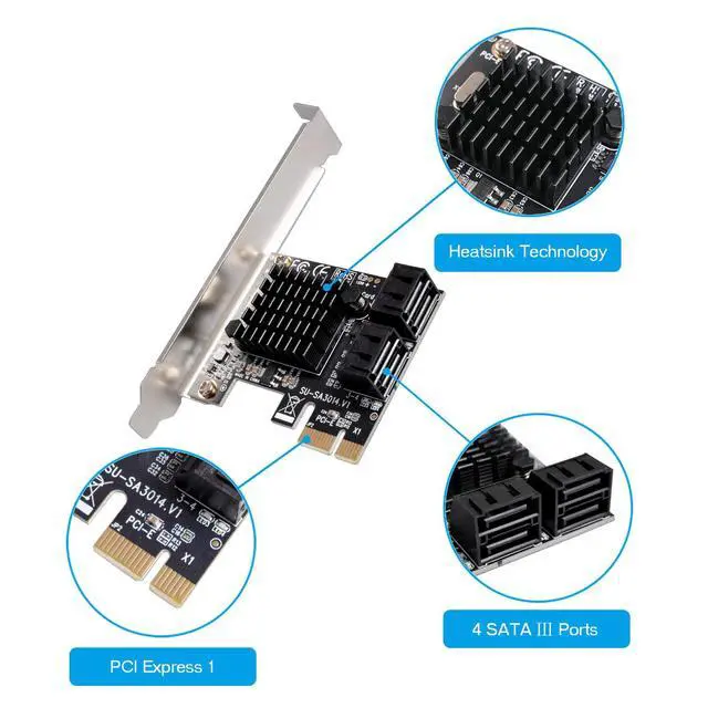 Alt view image 3 of 6 - 4 Port Card with 4 Cables - SATA 3.0 6 Gbps PCIe Controller - Low Profile Bracket Support - 4 Devices