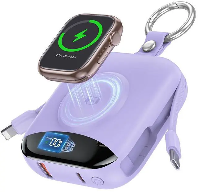 Main image of Portable Charger, 10000mAh 22.5W Fast Charging Power Bank with Built-in Cables, Travel Battery Pack with LED Display for iPhone, Portable iWatch Charger for 11/10/9/8/7/6/5/SE/Ultra Purple