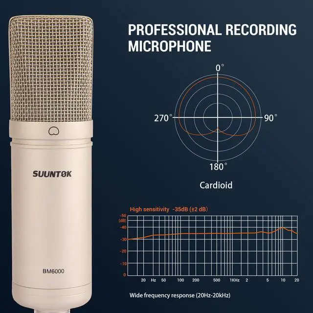 Alt view image 4 of 7 - Condenser Microphone XLR, Large Diaphgram Professional Recording Cardioid Microphone Kit with Shock Mount, for Studio, Live Streaming, Podcas (Silver)