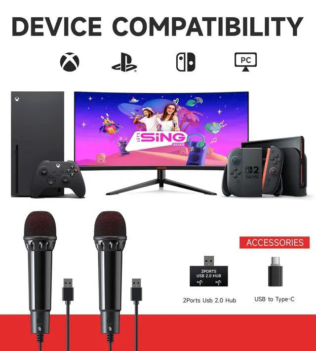 Alt view image 6 of 7 - 2Pcs 10Ft Wired USB Microphone for Switch 2&1 Gaming/PS5/PS4/XBOXONE/PC Gaming, Plug and Play, One Button Mute, Dual Karaoke, Directional Pick Up, 179g Golden Weight
