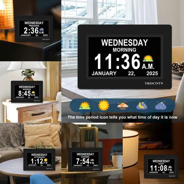 Alt view image 3 of 7 - Dementia Clocks, Large Display Calendar Alarm Clock with Auto DST for Seniors, 5 Display Modes Large Font Digital Clock with Custom Alarms Day Date Clocks. (7 Inch Black)