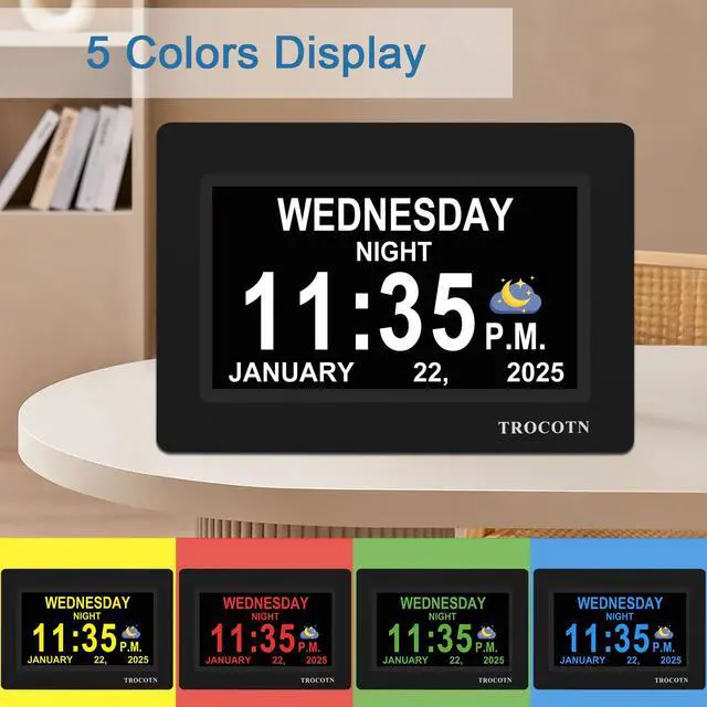 Alt view image 4 of 7 - Dementia Clocks, Large Display Calendar Alarm Clock with Auto DST for Seniors, 5 Display Modes Large Font Digital Clock with Custom Alarms Day Date Clocks. (7 Inch Black)