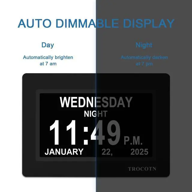 Alt view image 5 of 7 - Dementia Clocks, Large Display Calendar Alarm Clock with Auto DST for Seniors, 5 Display Modes Large Font Digital Clock with Custom Alarms Day Date Clocks. (7 Inch Black)