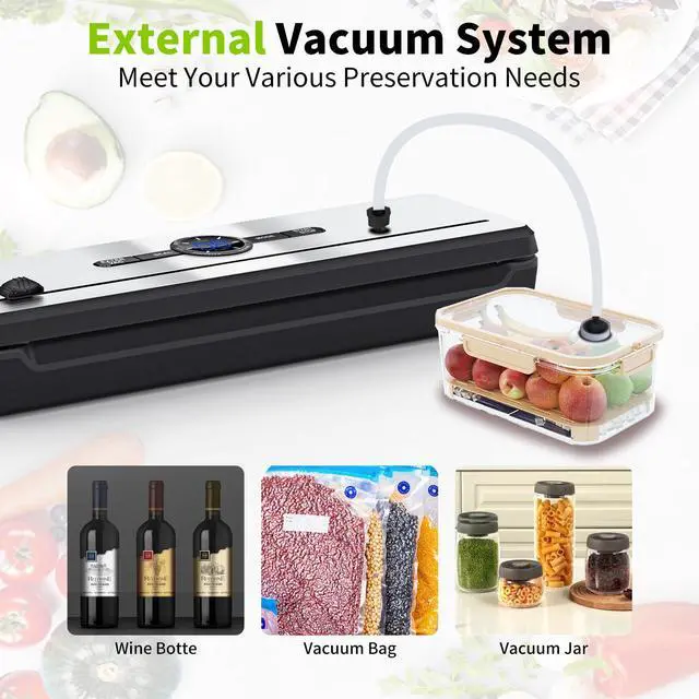 Alt view image 6 of 6 - Vacuum Sealer, 70KPA Powerful Pro Food Saver Vacuum Sealer Machine, Full Automatic with Double Heat Seal, Liquid, Wet, Dry Modes with External Vacuum System, Built in Cutter & 15 Vacuum Bags