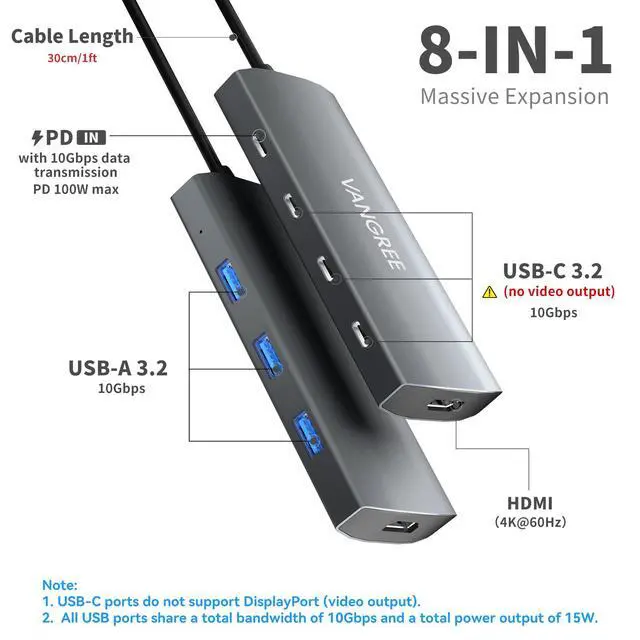 Alt view image 2 of 7 - USB C Hub, 3 USB 3.2 Gen 2 Ports with 10Gbps, 4K@60Hz HDMI, 100W Power Delivery, 3 USB-A 3.2 Ports, USB C Splitter Multiport Adapter Extender for MacBook Pro/Air, iPad Pro, Mac mini and More