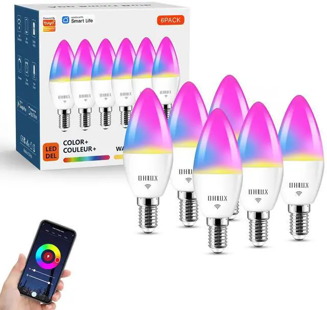 Main image of 6 Pack E12 Smart Candelabra LED Light Bulbs, Color Changing Compatible with Google Alexa and Smart Life, 5W 40W Equivalent WiFi Candle Bulbs with Remote Control, Timer