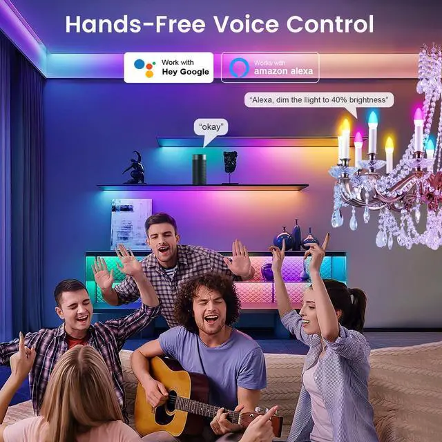 Alt view image 2 of 7 - 6 Pack E12 Smart Candelabra LED Light Bulbs, Color Changing Compatible with Google Alexa and Smart Life, 5W 40W Equivalent WiFi Candle Bulbs with Remote Control, Timer