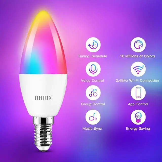 Alt view image 3 of 7 - 6 Pack E12 Smart Candelabra LED Light Bulbs, Color Changing Compatible with Google Alexa and Smart Life, 5W 40W Equivalent WiFi Candle Bulbs with Remote Control, Timer
