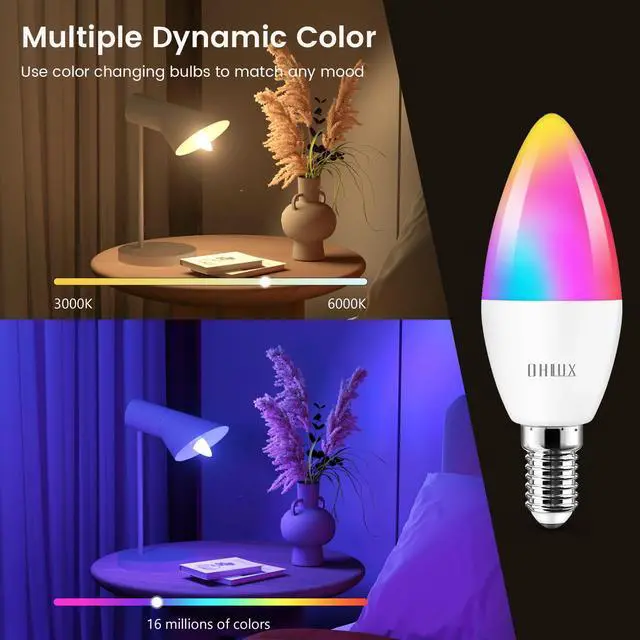 Alt view image 4 of 7 - 6 Pack E12 Smart Candelabra LED Light Bulbs, Color Changing Compatible with Google Alexa and Smart Life, 5W 40W Equivalent WiFi Candle Bulbs with Remote Control, Timer