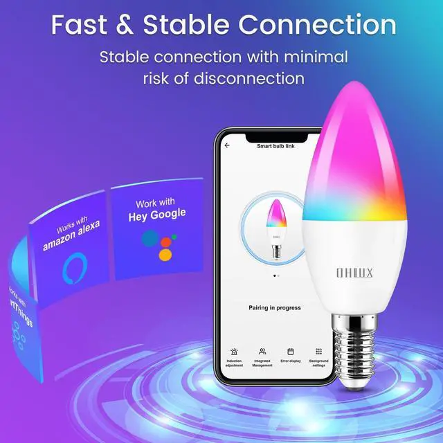 Alt view image 5 of 7 - 6 Pack E12 Smart Candelabra LED Light Bulbs, Color Changing Compatible with Google Alexa and Smart Life, 5W 40W Equivalent WiFi Candle Bulbs with Remote Control, Timer
