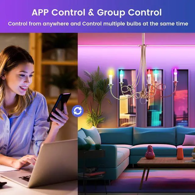 Alt view image 6 of 7 - 6 Pack E12 Smart Candelabra LED Light Bulbs, Color Changing Compatible with Google Alexa and Smart Life, 5W 40W Equivalent WiFi Candle Bulbs with Remote Control, Timer