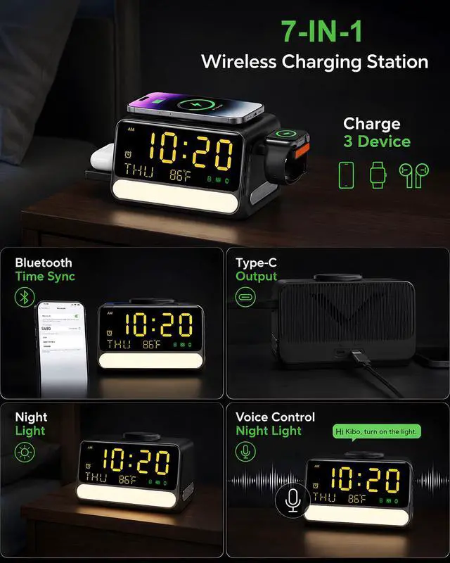 Alt view image 2 of 7 - Upgraded 7-in-1 Wireless Charging Station for Apple&Samsung,Magnetic Charger with Voice-Controlled Night Light,for iPhone 17/16/15/14 Pro Max,Samsung Galaxy,Google Device,Apple&Samsung Watch,AirPods