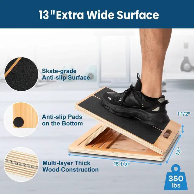 Alt view image 2 of 6 - 13 Wide Portable Wooden Slant Board, 5-Level Incline (15°-35°), Lower Grip Handle, Beginner & Rehab Friendly, Non-Slip Surface for Calf Stretching, Squats, Physical Therapy
