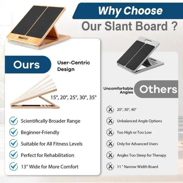 Alt view image 3 of 6 - 13 Wide Portable Wooden Slant Board, 5-Level Incline (15°-35°), Lower Grip Handle, Beginner & Rehab Friendly, Non-Slip Surface for Calf Stretching, Squats, Physical Therapy