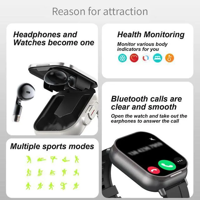 Alt view image 2 of 7 - Smart Watch with Earbuds, 2.01" HD Screen Fitness Watch, 2 in 1 Smartwatch with 100+ Sport Modes Fitness Tracker, Sleep/Heart Rate/Monitor Pedometer for iOS & Android, Black