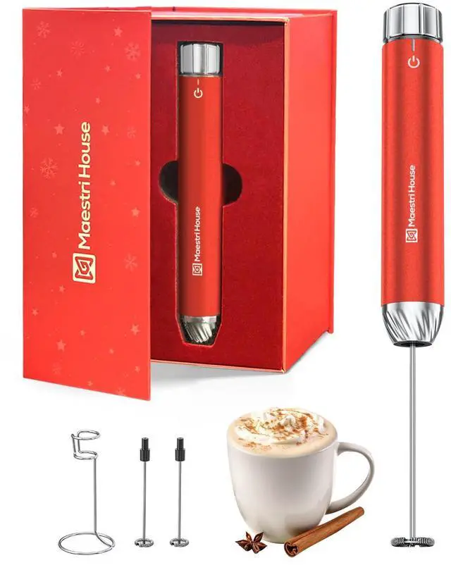 Main image of Rechargeable Milk Frother with Stepless Speed Control, Handheld Electric Foam Maker Waterproof Drink Mixer Foamer with Stainless Steel Stand & Whisks (Santa Red (Gift Box))