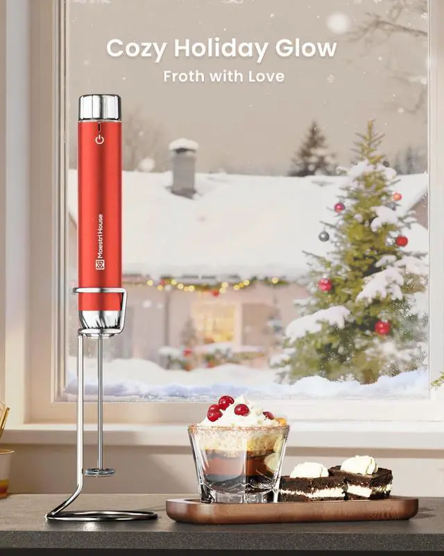 Alt view image 2 of 6 - Rechargeable Milk Frother with Stepless Speed Control, Handheld Electric Foam Maker Waterproof Drink Mixer Foamer with Stainless Steel Stand & Whisks (Santa Red (Gift Box))