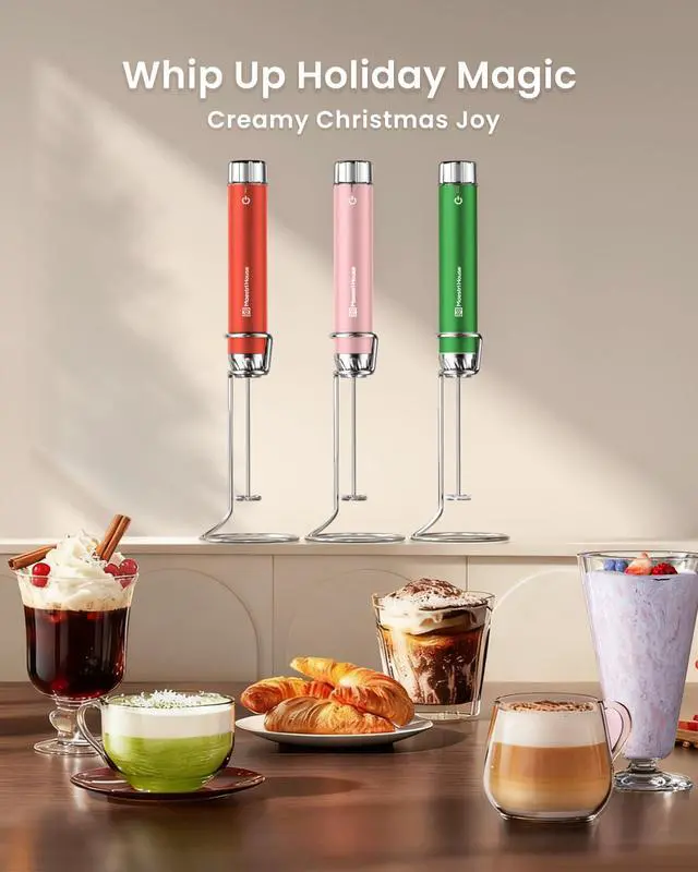 Alt view image 3 of 6 - Rechargeable Milk Frother with Stepless Speed Control, Handheld Electric Foam Maker Waterproof Drink Mixer Foamer with Stainless Steel Stand & Whisks (Santa Red (Gift Box))