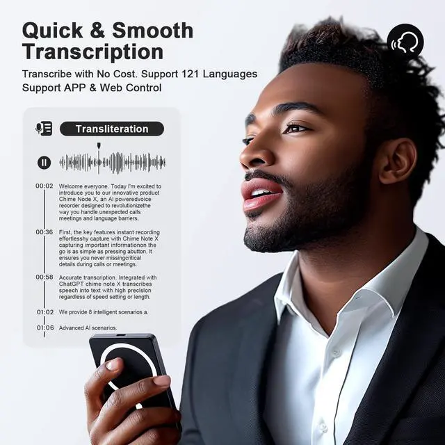 Alt view image 2 of 7 - AI Voice Recorder, Digital Voice Recorder App Control, Transcribe & Summarize & Translation Empowered by ChatGPT, Wireless Charging, 121 Languages, 64GB Memory for Lecture, Meeting, Calls