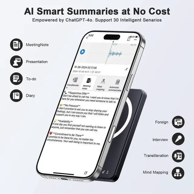 Alt view image 3 of 7 - AI Voice Recorder, Digital Voice Recorder App Control, Transcribe & Summarize & Translation Empowered by ChatGPT, Wireless Charging, 121 Languages, 64GB Memory for Lecture, Meeting, Calls