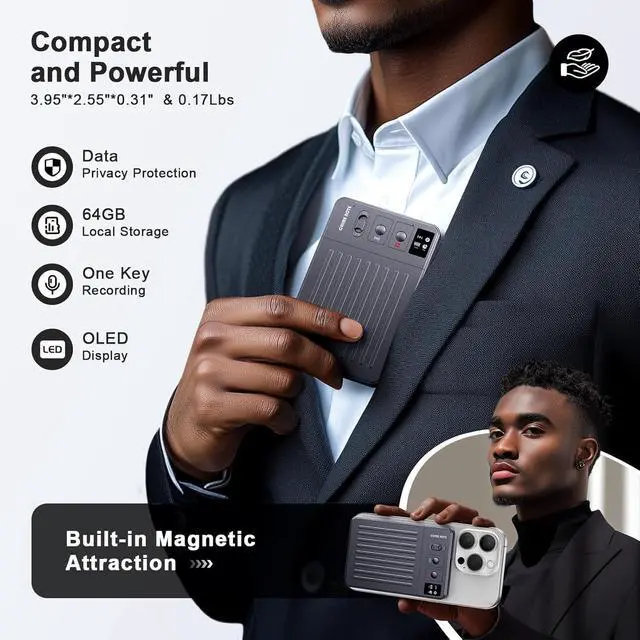 Alt view image 6 of 7 - AI Voice Recorder, Digital Voice Recorder App Control, Transcribe & Summarize & Translation Empowered by ChatGPT, Wireless Charging, 121 Languages, 64GB Memory for Lecture, Meeting, Calls
