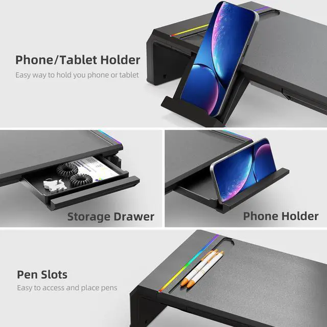 Alt view image 3 of 7 - Monitor Stand for Desk, Gaming Monitor Riser with RGB Light, Foldable Computer Monitor Stand Riser, Desk Organizers and Accessories for Desktop, Printer (Black)