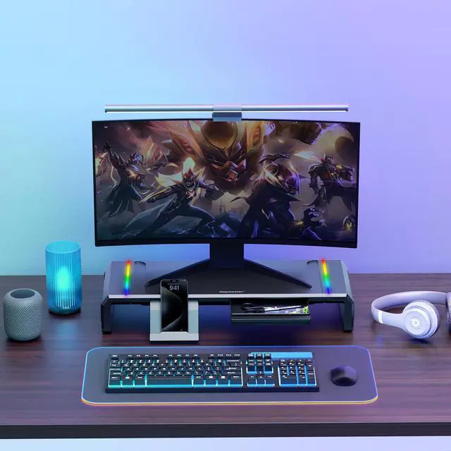 Alt view image 7 of 7 - Monitor Stand for Desk, Gaming Monitor Riser with RGB Light, Foldable Computer Monitor Stand Riser, Desk Organizers and Accessories for Desktop, Printer (Black)