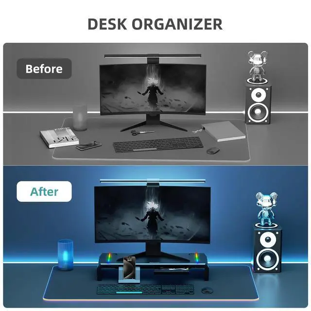 Alt view image 6 of 7 - Monitor Stand for Desk, Gaming Monitor Riser with RGB Light, Foldable Computer Monitor Stand Riser, Desk Organizers and Accessories for Desktop, Printer (Black)