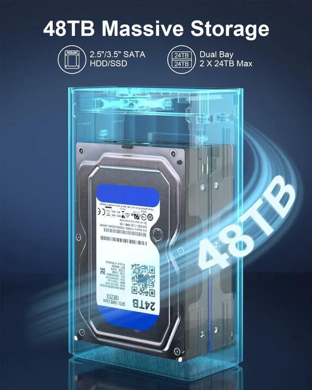 Alt view image 2 of 6 - 2 Bay Hard Drive Enclosure for 2.5"/3.5" SATA HDD/SSD Up to 48TB, Aluminum External HDD Enclosure with Cooling Fan, 5Gbps USB 3.0 Hard Drive Enclosure Storage DAS (NO RAID/NAS)