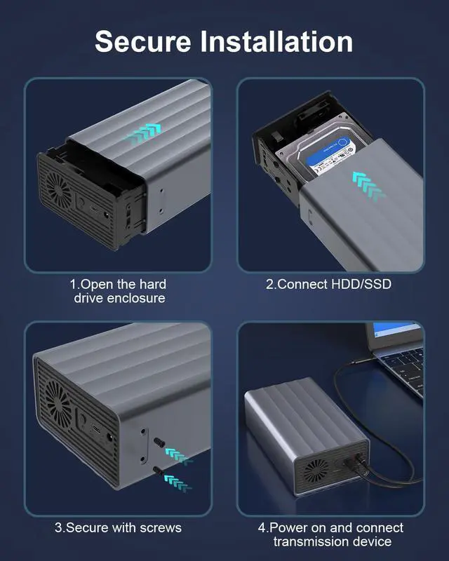 Alt view image 6 of 6 - 2 Bay Hard Drive Enclosure for 2.5"/3.5" SATA HDD/SSD Up to 48TB, Aluminum External HDD Enclosure with Cooling Fan, 5Gbps USB 3.0 Hard Drive Enclosure Storage DAS (NO RAID/NAS)