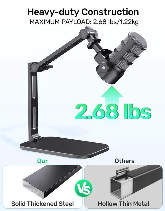 Alt view image 2 of 7 - Heavy-Duty Desk Mic Stand, Max Load 2.68 lb Compatible with Rode Podmic, Blue Yeti, Shure and More Mics, Perfect for Small Space Home Office Streaming Setup, Black (up to 1220g)