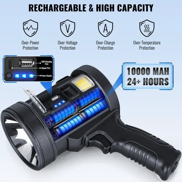 Alt view image 3 of 7 - Rechargeable Spotlight,2000000 LM Super Bright Handheld Spot Light LED Flashlight High Lumens,Powered Spotlight Large Searchlight Outdoor with Solar Panels for Boating Camping Hunting