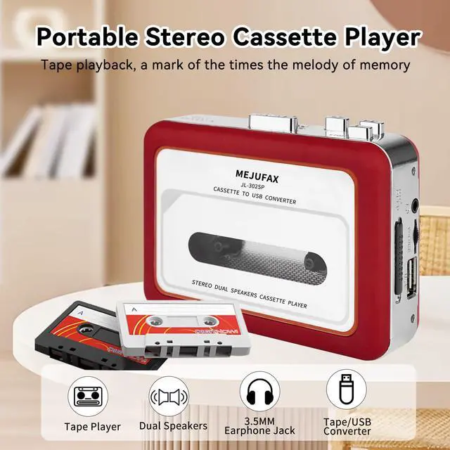 Alt view image 2 of 7 - Cassette Player Recorder, Portable Cassette Tape Player with Built-in Dual Speakers, Auto Reverse, Cassette to MP3 ,Rewind Stereo Cassette Red