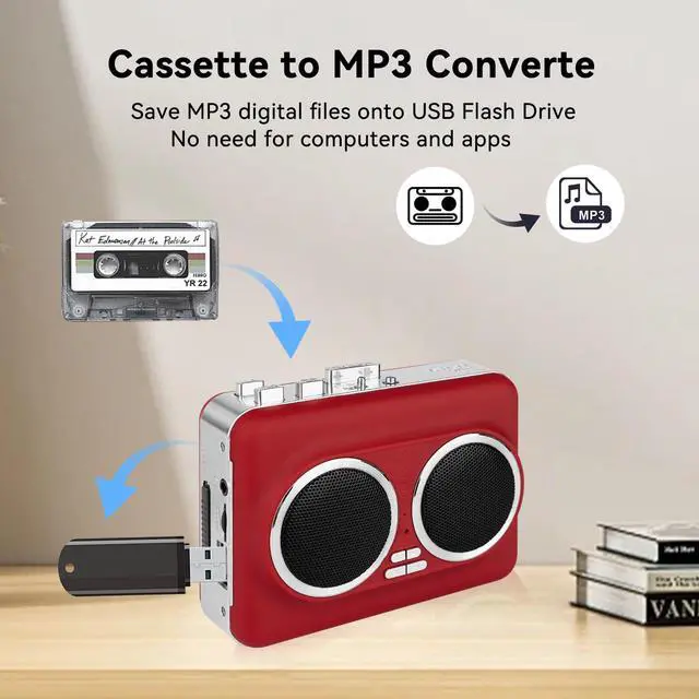 Alt view image 3 of 7 - Cassette Player Recorder, Portable Cassette Tape Player with Built-in Dual Speakers, Auto Reverse, Cassette to MP3 ,Rewind Stereo Cassette Red